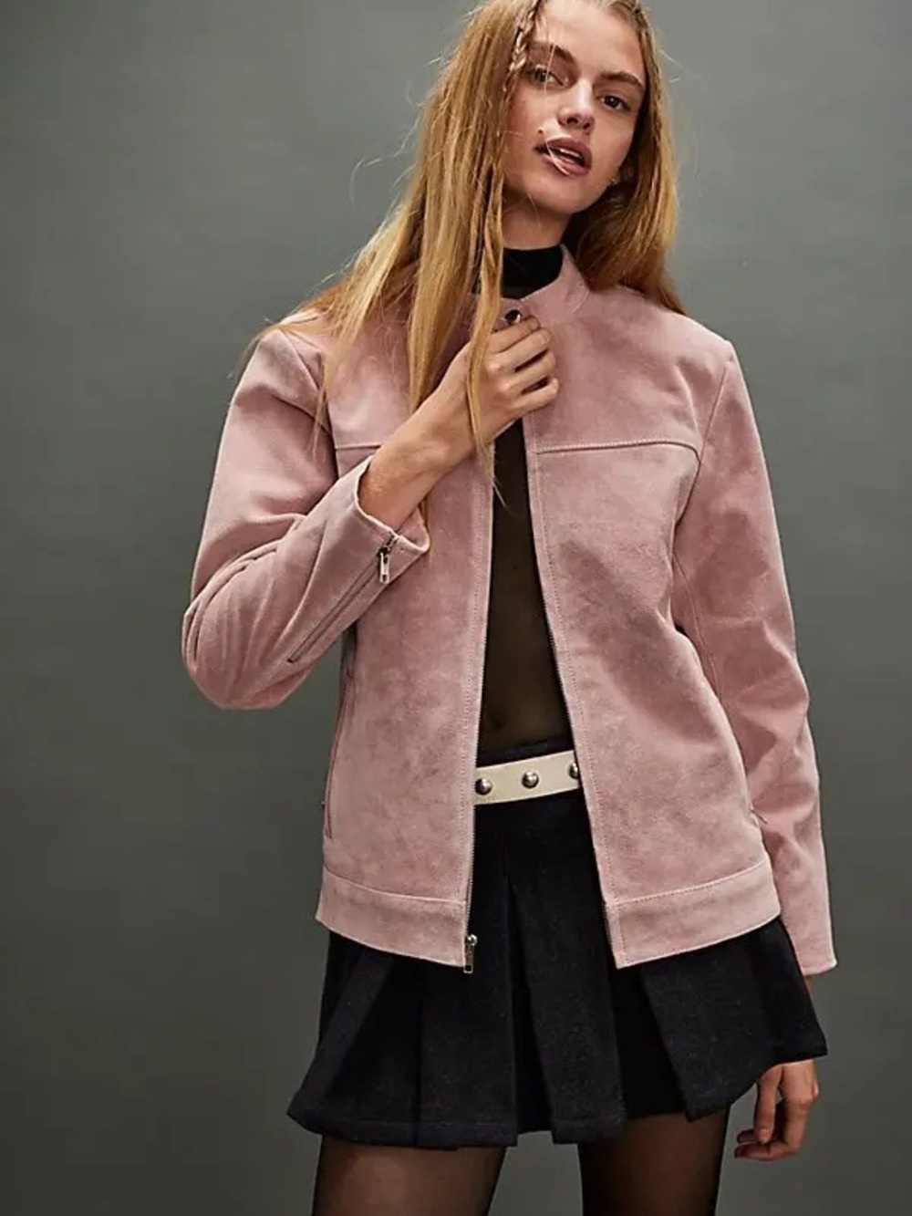 Understated Leather Free People Looker Light Pink Suede Zip Moto Jacket Size LG
